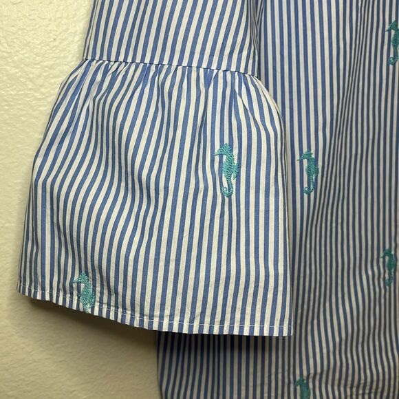 Crown & Ivy Size L Petite Blouse Blue White Stripe Seahorses Gateway To Bali - Picture 6 of 12